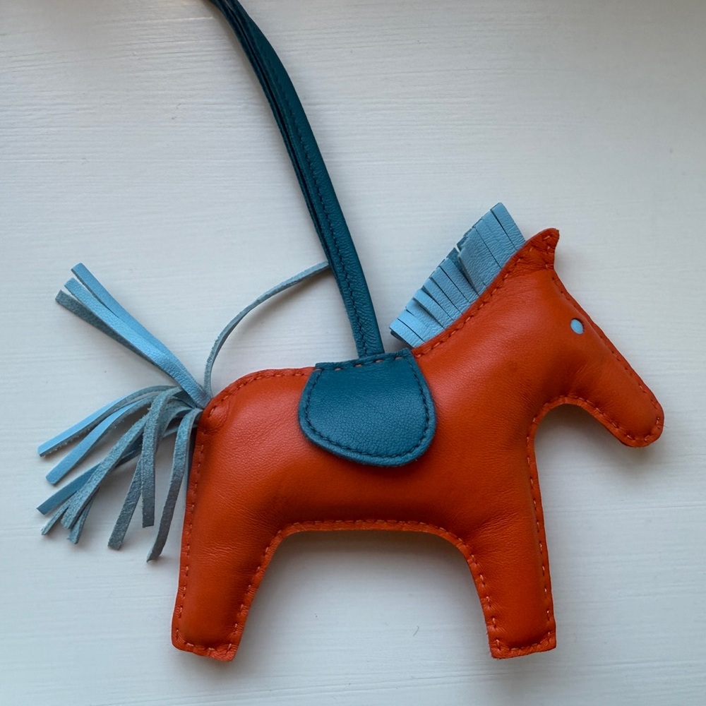 Hermes Milo Lambskin Grigri Rodeo Horse Bag Charm PM Capucine Celeste Cornaline